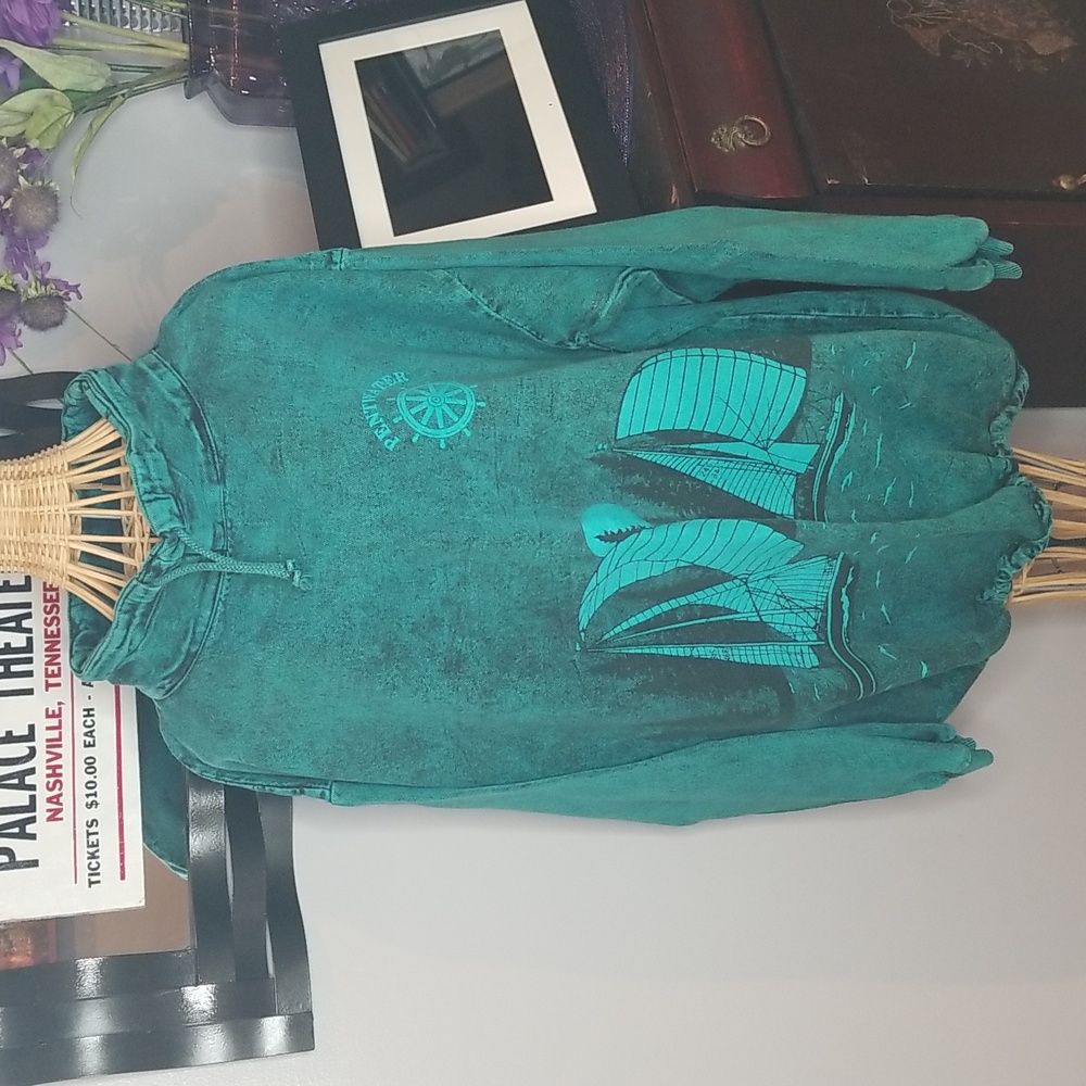 Pentwater, MI Large Green and Black Drawstring Cowl Neck Pullover Sweatshirt